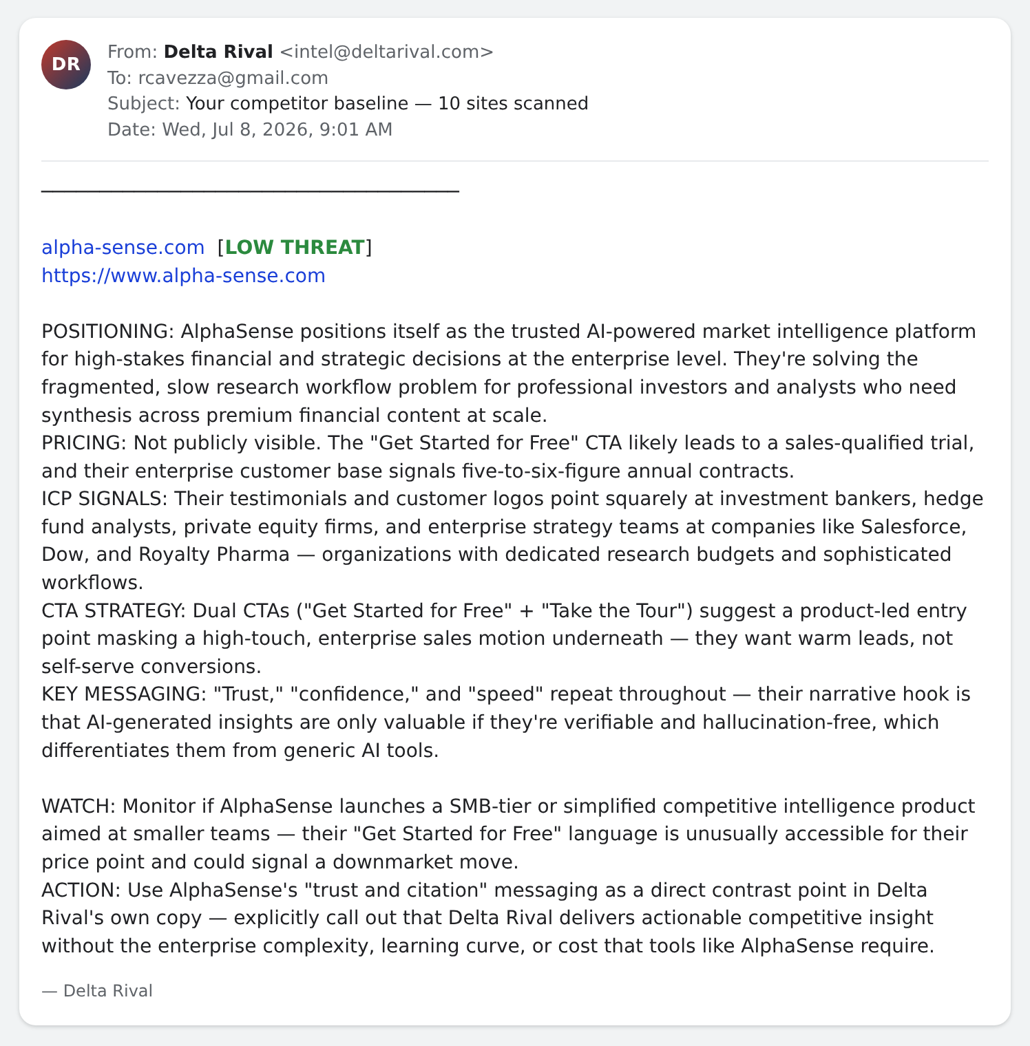 July 8 baseline scored AlphaSense LOW THREAT